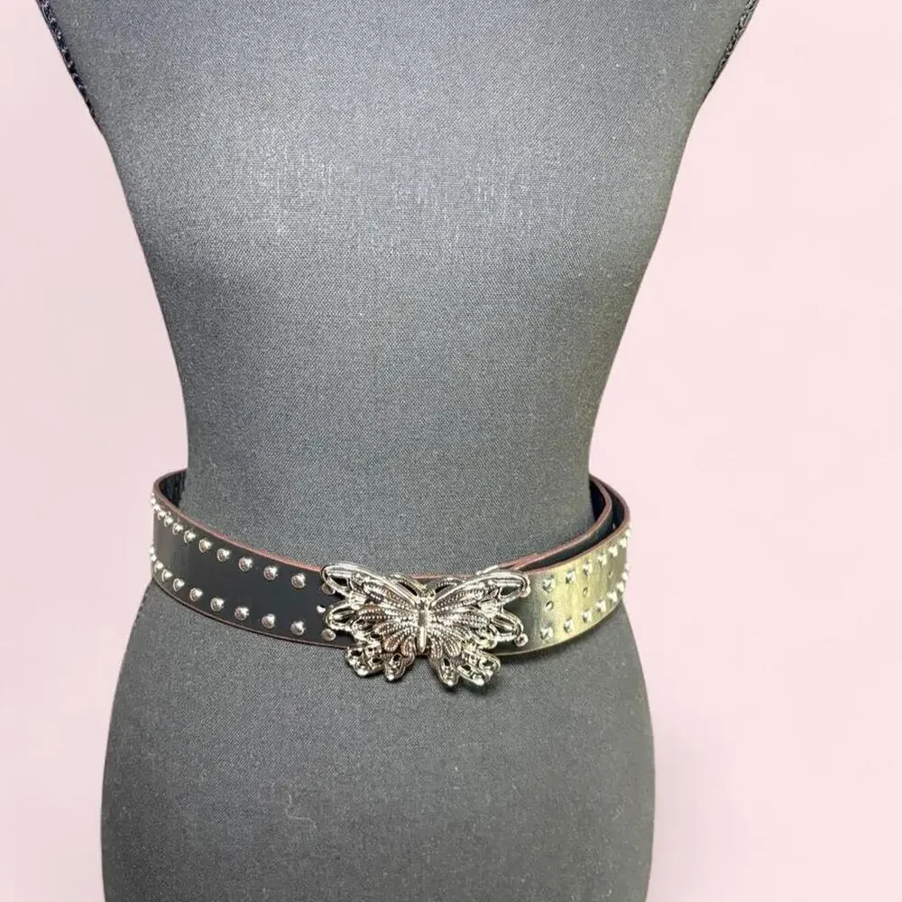 Black studded belt with silver butterfly buckle Coquette fairycore whimsigoth